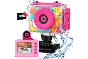 USHINING Kids Waterproof Camera - Kids Digital Underwater Camera 180 Rotatable Action Sport Camera 20MP 1080P HD Camcorder 32GB SD Card, Bithday Gifts for Girls Aged 4-12 Years Old-Pink