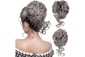 SEGOHAIR Messy Bun Hair Piece Claw Clip Synthetic Tousled Hair Bun, Elastic Hair Donuts for Buns Scrunchy Fluffy Natural Curly Hair Scrunchies for Women Easy Bun Hairpiece Dark Grey