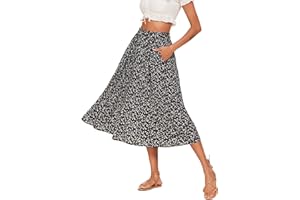Parabler Rock Damen Chiffon Midirock Elegant Blumen Polka Dot Elastische Taille Sommerrock Lang Plisseerock mit Taschen