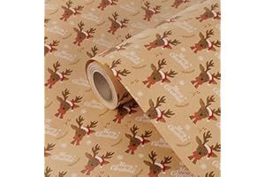 LEUOSO 44cm x 15M Christmas Wrapping Paper for Gifts, Recyclable Kraft Xmas Wrapping Paper Printed with Xmas Pattern for Christmas Party Gift Wrap