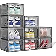 TidyTrove Shoe Storage Box, 9 Pcs Shoe Box Clear Plastic Stackable, Sturdy Foldable Shoe Organizer Containers with Magnetic Door for Women/Men, Black