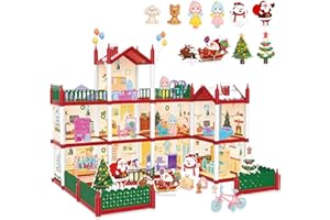 deAO DIY Weihnachten Puppenhaus 3 Etagen, 8 Zimmer, Flachdach, Hof, Xmas Miniatur Haus Villa mit 2 Puppen, 2 Hundepuppen, Möbel, Weihnachts-Charakterkarten, for Girls Mädchen ab 3 Jahre(72 * 53 * 51)