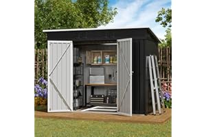 Amopatio Casetta da giardino con tetto spiovente, 228 x 109 x 182 cm, casetta da giardino in metallo con porta, copertura zincata da giardino in metallo con cornice，Nero