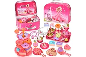 EUZLABBY 52 Teiliges Teeparty Set,Teeservice Kinder,Tin Teekannen-Set,Prinzessinnen Tee Zeit Spielküchen Spielzeug mit Tassen,Tellern und Zubehör,für Geburtstags Ostergeschenke für 3-8 Jahre Kinder.