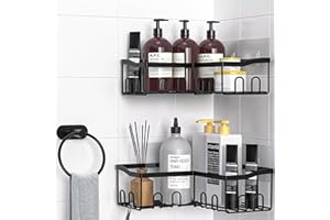 PRIME FEEL Corner Shower Caddy no Drill, 3-Pack Stainless Steel Shower Shelf Organiser, Bathroom Accessory Set Including 2 x Bathroom Shelves, 1 x Towel Holder, 4 x Adhesive Pads, Black