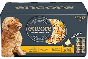 Encore 100 Percent Natural Adult Wet Dog Food, Chicken and Fish Selection Multipack in Broth 156g Tin (5 x 156g Tins)