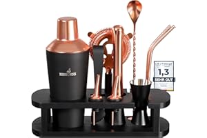BARMINGO® Edelstahl Cocktail Set 11tlg. – 700 ml Cocktail Shaker Set mit Ständer und Bar Zubehör, Cocktailshaker Set | Barkeeper Set | Cocktail Mix Set | Bar Set | Geschenkset | Schwarz & Rosegold