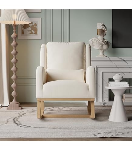 Poltrona A Dondolo Con Poggiapiedi - Sedia Allattamento In Lana E Legno Massello, Tasche Laterali