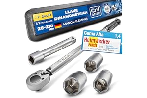 S&R Llave Dinamométrica 1/2 (28-210 Nm) – Torque Wrench Coche con Trinquete Reversible y Certificado ISO | Juego Completo con 3 Vasos (17,19,21 mm) y Barra de Extensión | Precisión ±4%