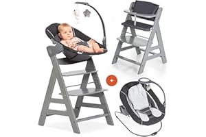 hauck Alpha+ Newborn Set Deluxe - Baby Holz Hochstuhl ab Geburt mit Liegefunktion - inkl. Aufsatz für Neugeborene & Sitzpolster - mitwachsend, verstellbar - Grau