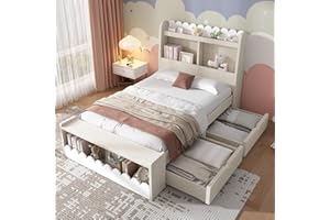 Aoskem Children's Bed Single Bed 90 x 200 cm with 2 Storage Space Drawers Headboard with Shelf, Bench with Storage Space, Wooden Bed, Youth Bed, Functional Bed, Bed Frame with Slatted Frame, Without