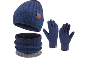 ZASFOU Set di guanti invernali da uomo, in maglia, con protezione touch screen, con cappuccio e teschio, foderati in pile