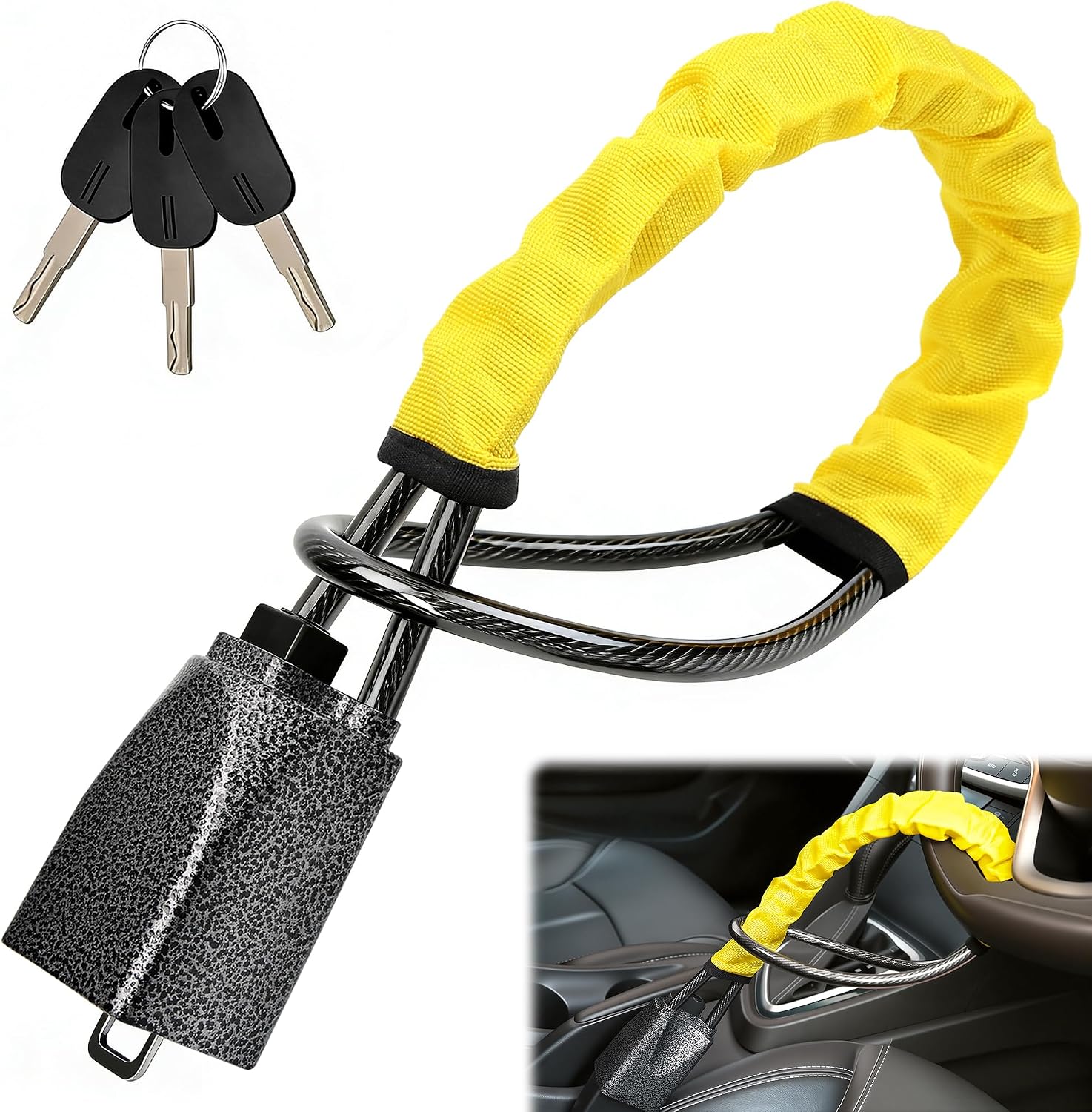 OXNSHEJW Steering Wheel Lock, Car Steering Wheel Locks, Car Seat Belt Lock with Metal Head, High Visibility Car Lock Anti-Theft Device for Car, SUV, Pickup, Van, RV, 3 Keys (Yellow)