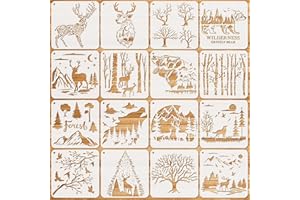 JSRQT 16 Blatt Schablonen Malen Waldtiere, Tiere Schablonen Stencils Malerei auf Holz, Wiederverwendbare Hirsch Bär Wolf Baum Malschablonen-Set für Fotoalbum, Stoff Wand Home Decor(20x20 cm)