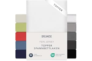 ‎DREAMZIE Dreamzie Premium Topper Spannbettlaken 180x200 cm - 200x200 cm - extra niedriger Seitenhöhe - für Topper - Topperauflage - Spannbetttuch Jersey Baumwolle, 150 g/m² - Oeko-TEX - Weiß
