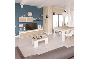 Miroytengo Pack de Muebles de Salón Estilo Nórdico en Color Blanco y Roble Claro con Modulo de TV, Mesa de Centro y Mesa de Comedor