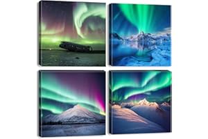 AIYISU Green Northern Lights Wall Art for Living Room Decor Aurora Landscape Photo Prints Snow Mountain Wall Decor Nature Aurora Borealis Canvas Pictures Modern Artwork Bedroom Home Decorations 30x30cm 4Pcs