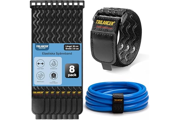 Trilancer Elastiska Spännband med Anti-glid-silikon & Easy-Pull Flik, 30 cm x 3.8 cm (8-pack) Tåliga Spännremmar med Kardborreband för Kablar, Sladdar, Rep, Slangar, Cykel, Husbil, Strumpeband