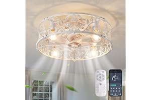 Ganeed Ventilador de techo enjaulado con luces, estilo industrial, iluminación de techo de granja de 51 cm, lámpara de montaje empotrado de techo de perfil bajo E27 con control remoto, color blanco, 4