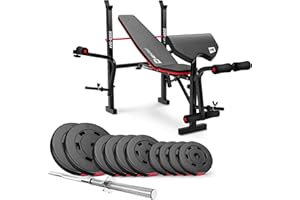 ‎HS HOP-SPORT Hop-Sport Hantelbank mit Gewichten HS-1055, klappbare Trainingsbank mit Curlpult, Butterfly und Beincurler Inkl. 38 kg - 129,5 kg Hanteln Set