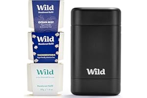 Wild - Mens Natural Refillable Deodorant Starter Kit - Black Case with Fresh Cotton & Sea Salt, Ocean Mist & Thunderstorm Scents - Long Lasting Protection - Aluminium Free - Vegan & Eco-Friendly