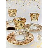 Heybeli Altın Bordo Desenli Cam Porselen &Ccedil;ay Seti 6 Kişilik Tea Set For 6 Persons Premium Porcelain