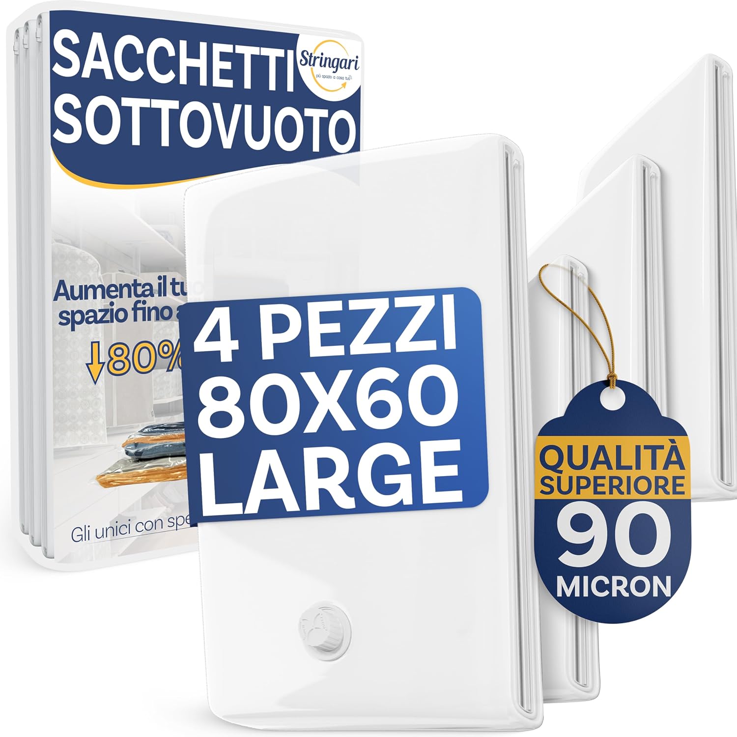 Stringari 4 Sacchi L 80x60 cm - Sacchetti Sottovuoto Vestiti con Spessore 90 Micron - Buste di Qualità Superiore per Piumoni - Sacchi Salvaspazio per Armadi e Cambio Stagione