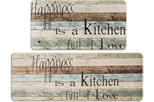 RECYCO PVC Kitchen Mats Sets, 2 Pieces Non Slip Waterproof Kitchen Floor Mats,Anti-Fatigue Kitchen Rugs Washable Cushioned Kitchen Runner Rug Set,44X76+44X120cm,Happiness