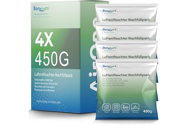 BonAura® AirOne Lite avfuktare påfyllningspaket I set om 4 450 g avfuktare granulat I avfuktare påfyllningspaket för badrum och kök I skydd mot mögel och lukt