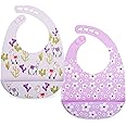 Nuby 2 Pack Adjustable Easy Clean Soft Silicone Bibs with Scoop, Flowers & Llama