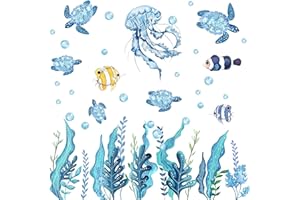 HPNIUB 37Pcs Turtles Wall Stickers for Bathroom,Ocean Fish Wall Stickers,Under The Sea Seaweed Wall Decals,Ocean Grass Jellyfish Fish Stickers,Sea Animals Wall Decoration for Kids Bedroom Living Room