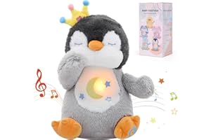 Edencomer Schlummer Kuscheltier - Schlummer Pinguin mit Simuliertem Atem, Musik und Nachtlicht, Kuscheltier mit Atembewegung Begleiten Sie Kinder Zum Schlafen (Grau)