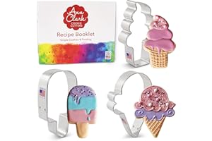 Ann Clark Cookie Cutters Juego de 3 cortadores de galletas helado con libro de recetas, polo, cucurucho de helado y helado suave
