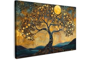 MuchoWow© Canvas Wall Art 47"x31" / 120x80 cm Decor Paintings Prints framed on Canvas Decorations Wallart Tree - Moon - Flowers - Gold - Art