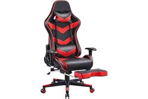 Yaheetech Silla Juegos Oficina Ergonómica Silla de Escritorio Silla Gaming con Reposapies Reposacabezas Regulable en Altura Soporte Lumbar, Metal Rojo
