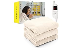 MONHOUSE Copriletto Riscaldato Coperta Elettrica Comandi Digitali Timer Fino A 9 Ore, 9 Impostazioni di Riscaldamento – Lavabile in Lavatrice - Singola 130X160Cm - Beige