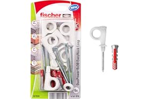 Fischer EasyHook Loop 6, set da 6 Ganci a Occhiello e 6 Tasselli DuoPower 6 x 30 mm, Montaggio Facile e Veloce Senza uso di Pinze su Muro, Mattoni Forati, Cemento, Legno, Soffitto, bianco, 557926
