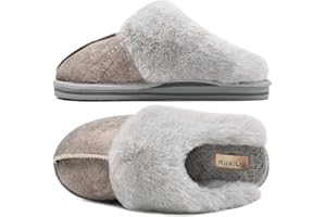 KuaiLu Womens Fluff Plush Slippers Ladies Cosy Memory Foam Warm Winter Mule Slippers Slip on Comfy Arch Support House Shoes with Non-Slip Indoor Outdoor Hard Sole