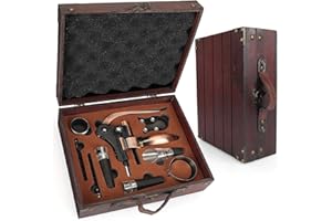 CAILION Set di cavatappi da Vino con Scatola in Legno Antico, Set da Sommelier con cavatappi, Set di Accessori da Vino, Set di cavatappi con Testa di Coniglio, Anelli salvagoccia (Antike Kiste2)