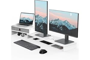 Fenge Réhausseur d'Écran en Bois,Support de Moniteur Réglable,Support d'Ordinateur Portable,PC,TV,Imprimante - pour 2 Moniteurs - avec Tiroir de Stockage,78,3–113 x 23,5 x 7,3 cm Blanc