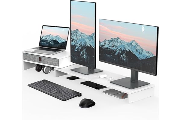 Fenge Réhausseur d'Écran en Bois,Support de Moniteur Réglable,Support d'Ordinateur Portable,PC,TV,Imprimante - pour 2 Moniteurs - avec Tiroir de Stockage,78,3–113 x 23,5 x 7,3 cm Blanc