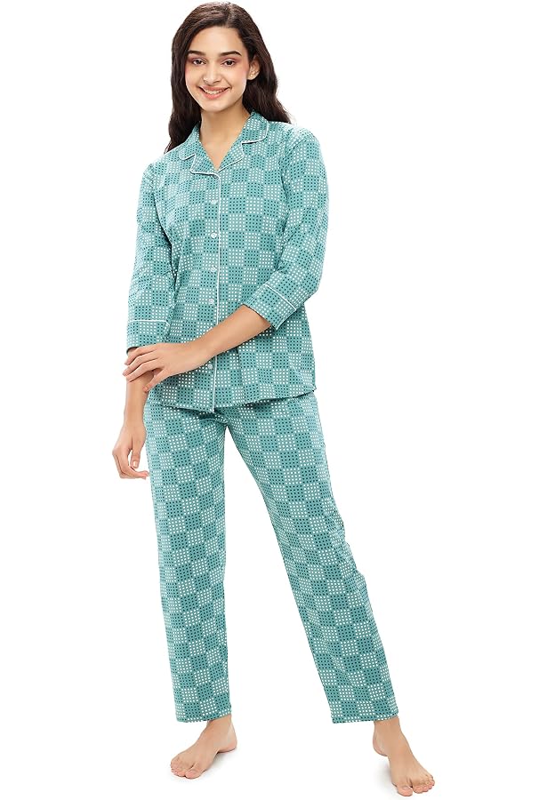 Zeyo Women's Cotton Swan Print Night Suit - Short Sleeve Shirt & Pyjama Set - View #3