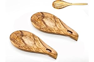 EACHAVE Reposa cucharas cocina, Soporte Utensilios de Cocina de Madera, Soporte para Cuchara Resistente al Calor,soporte perfecto para espátulas, cucharas, pinzas y más (2Pcs, Madera de olivo)