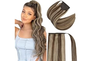 Fshine Extension Capelli Veri Coda Di Cavallo 35CM 70 Grammo Capelli Lisci Veri Castano Medio Con Riflessi Biondo Miele Capelli Wrap Around Clip in Ponytail Extension Capelli #4P27
