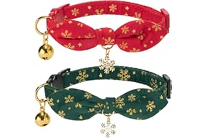 YUDOTE Christmas Cat Collars Pack of 2, with Removeable Hand-tied Bow,Charm and Bell, Holiday Present for Cats, Green,Red