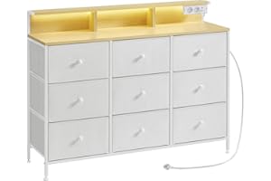 ‎SONGMICS SONGMICS Komoda, szafka do przechowywania z 9 szufladami i oświetleniem LED, listwa zasilająca, stalowa rama, 33,5 x 114 x 84 cm, do sypialni, salonu, biała chmurka LTS519W02