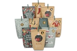 Papierdrachen Calendario dell'Avvento da riempire, 24 sacchetti regalo stampati verdi e marroni e 24 adesivi con numeri e graffette, motivo verde, per fai da te e regali, Natale