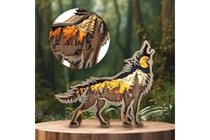 ‎DRAWELRY Drawelry 3D Holz Tiere Schnitzerei Skulpturen Ornament, Mehrschichtig Holz Synthese Wald Tier Gravur Regal Statuen Handwerk für Home Büro Desktop Weihnachten Neujahr Festival Dekor (Wolf)