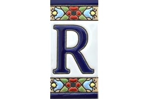 ART ESCUDELLERS Signs with Numbers and Numbers on Ceramic Tile Hand Painted Cord Technique for Signs with Names, Addresses and Signposts. Design Flores Mini 7.3 cm x 3.5 cm (Letters R)