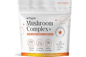Physis Mushroom Gummies Complex 2000mg | Attention Focus Clarity | Immunity & Energy | Brain Support | High Strength | Maitake, Reishi, Lion’s Mane & Chaga | 60 x Juicy Blackcurrant 1 Month Supply